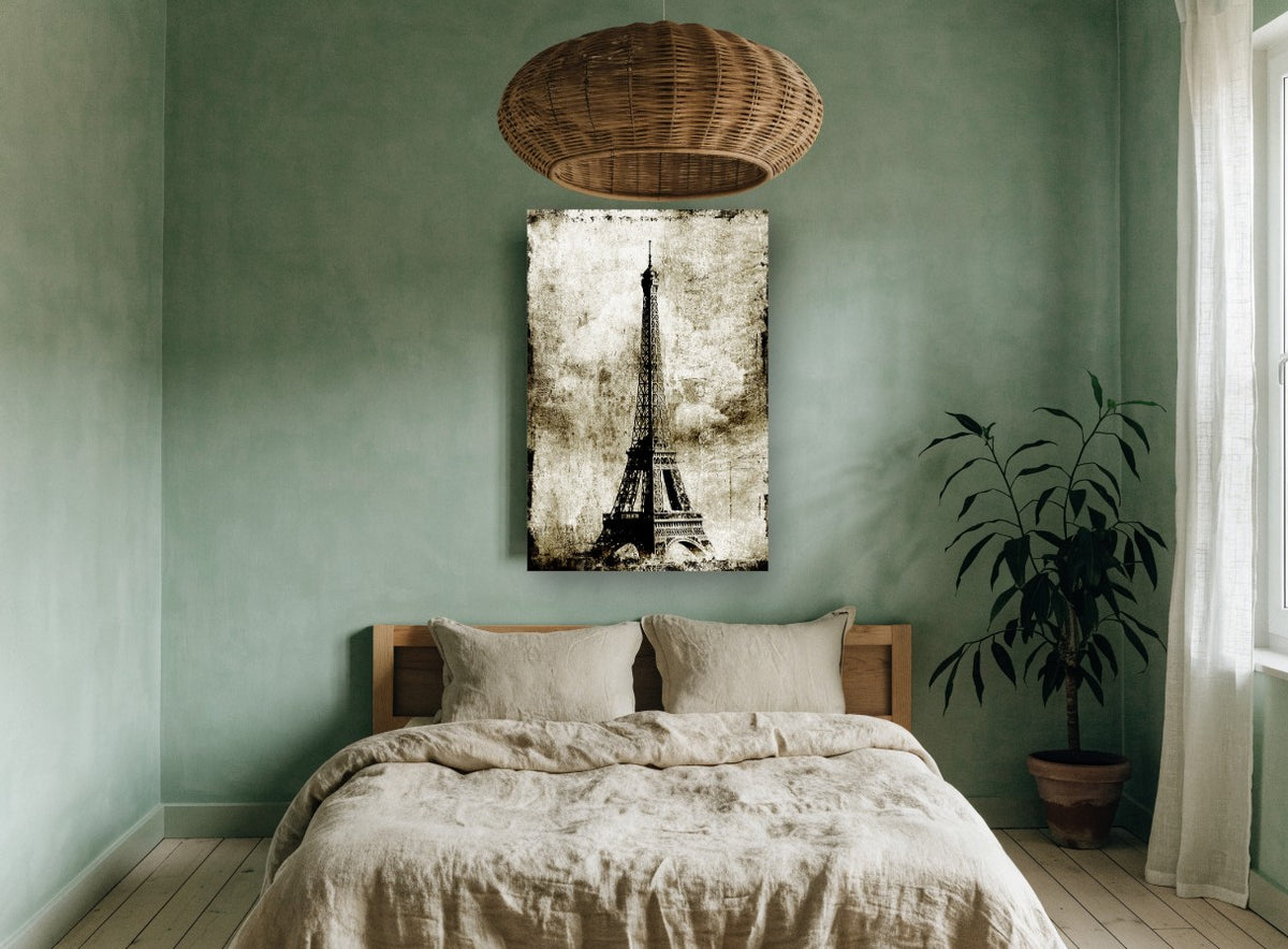 Weathered Paris Tower city canvas print on the wall of a bedroom