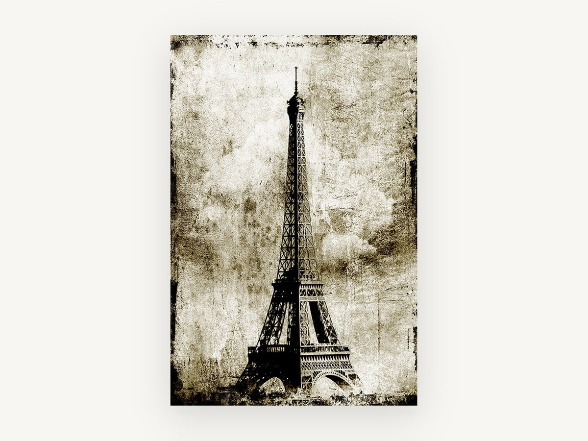 Weathered Paris Tower, eiffel tower grunge sepia, city canvas wall art print, front view