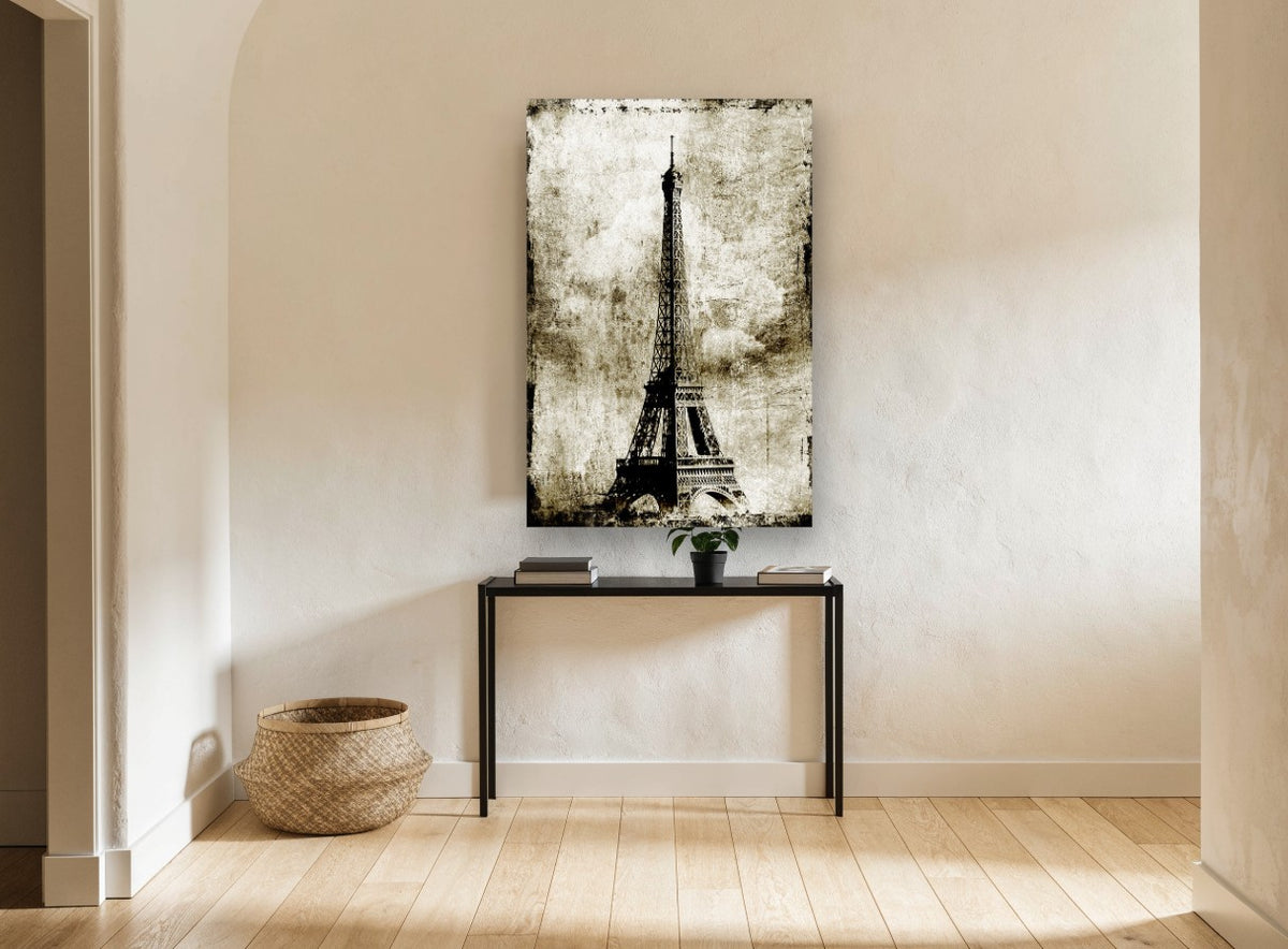 Weathered Paris Tower city canvas print on the wall of a hallway