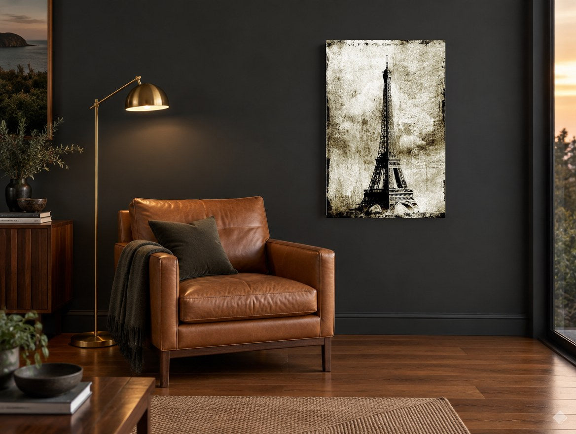 Weathered Paris Tower city canvas print on the wall of a charcoal living room