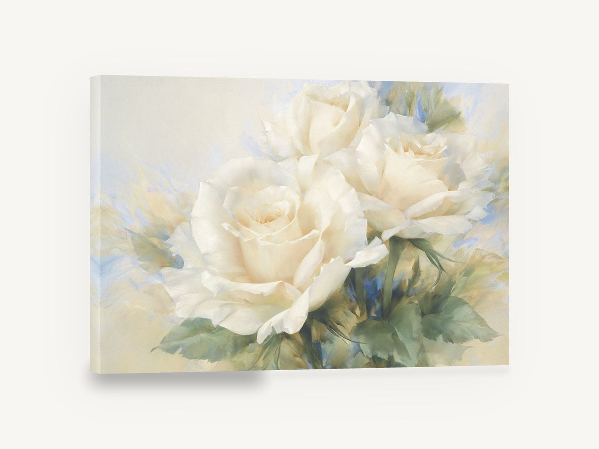 Powder Blue Rose Haze, white roses soft blue floral painting, floral canvas wall art print ready to hang