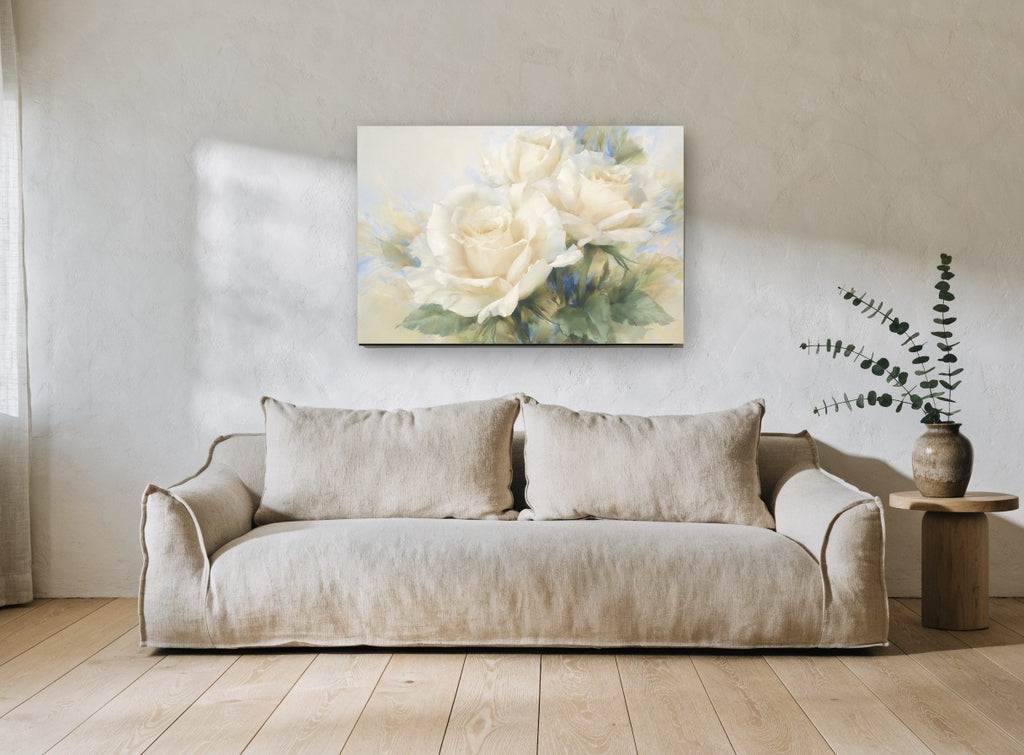 Powder Blue Rose Haze floral canvas print on the wall of a living room