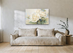 Powder Blue Rose Haze floral canvas print on the wall of a living room