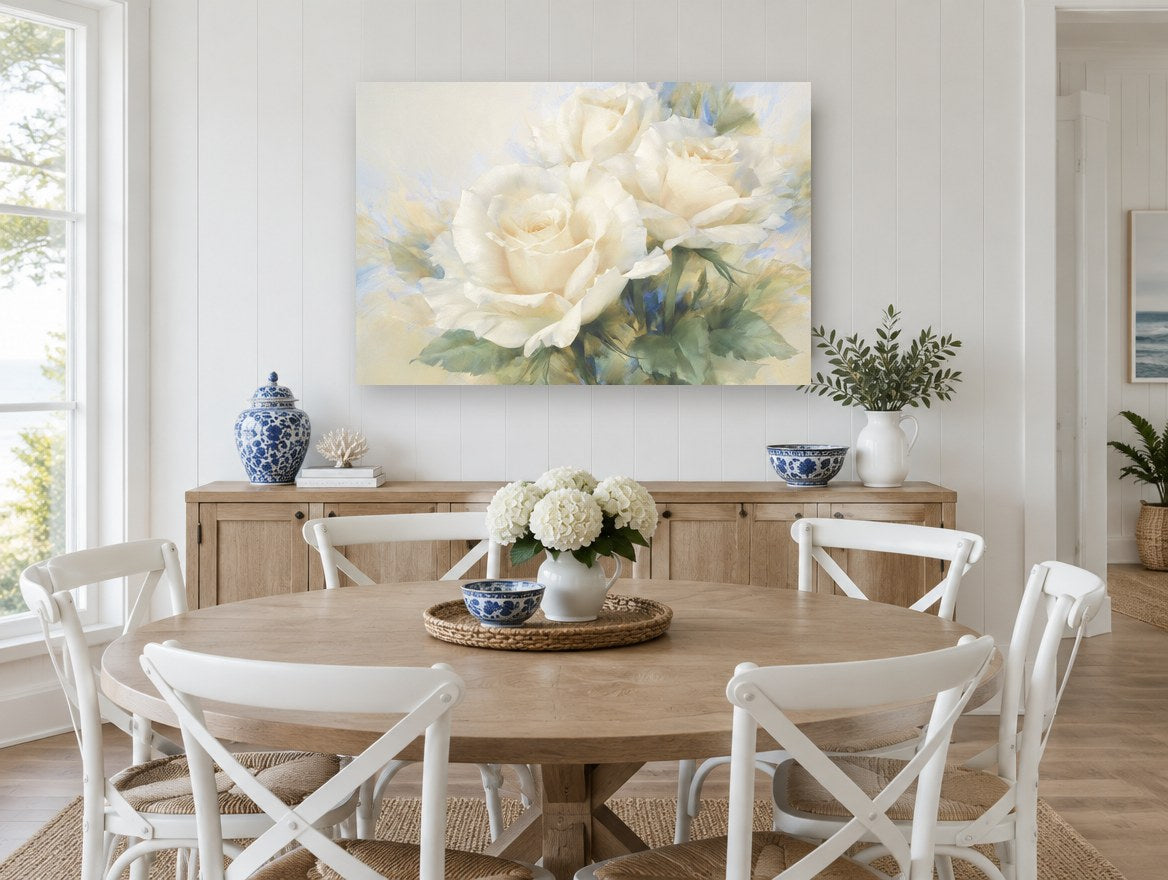 Powder Blue Rose Haze floral canvas print on the wall of a Hamptons dining room