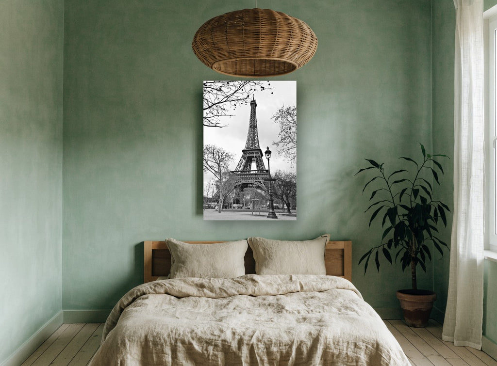 Eiffel Bare Branch Lamplight city canvas print on the wall of a bedroom