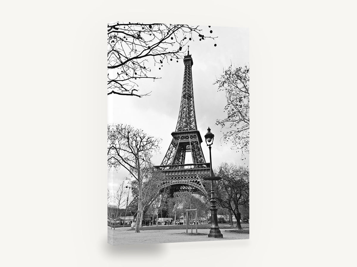 Eiffel Through Winter Branches, eiffel tower black and white photograph, city canvas wall art print ready to hang