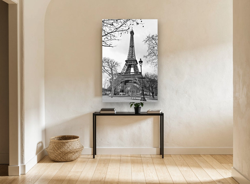 Eiffel Bare Branch Lamplight city canvas print on the wall of a hallway
