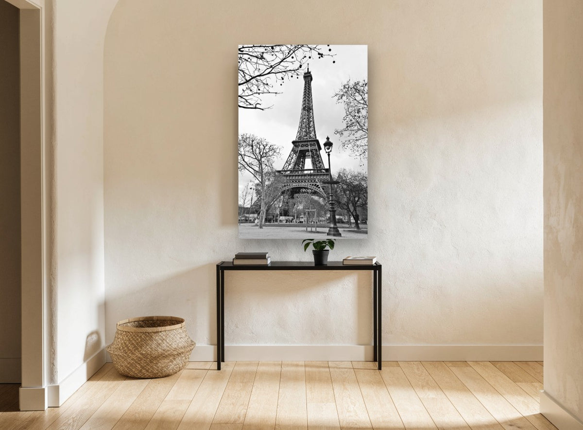 Eiffel Through Winter Branches city canvas print on the wall of a hallway