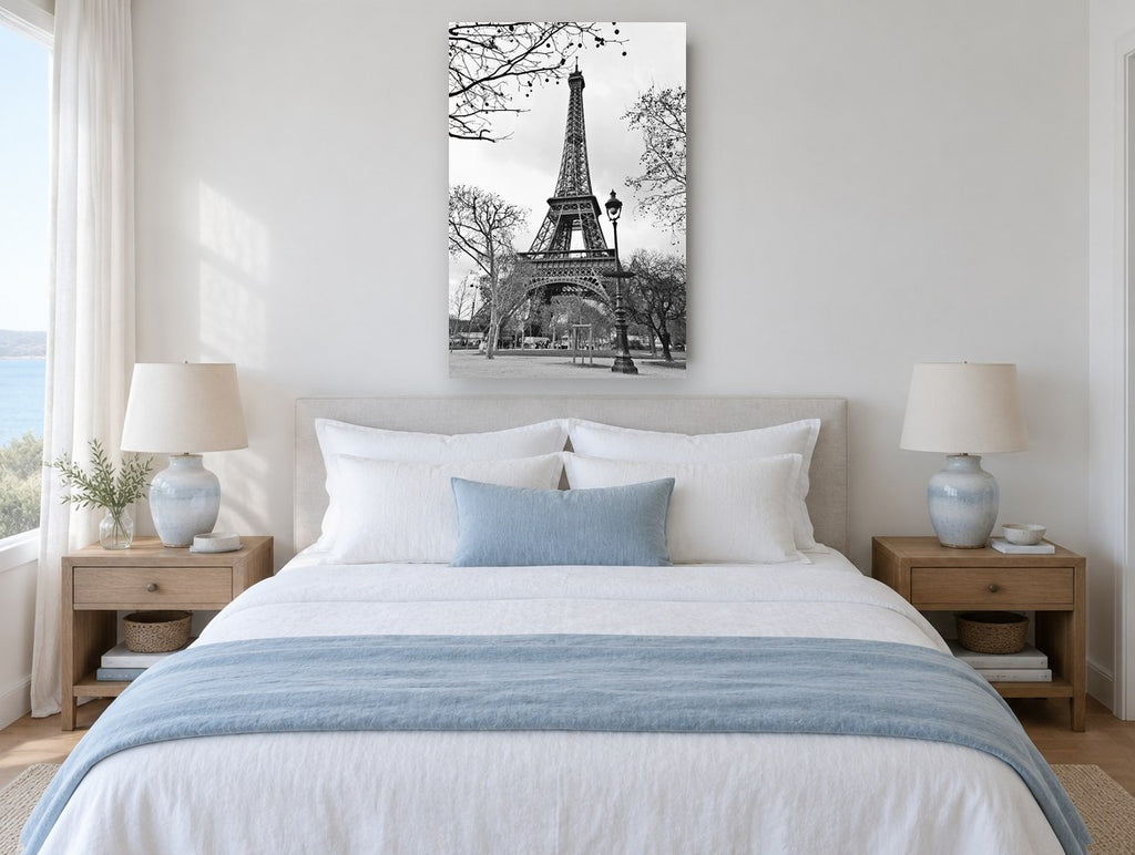 Eiffel Bare Branch Lamplight city canvas print on the wall of a bedroom