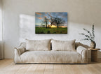 Three Oaks at Dusk landscape canvas print on the wall of a living room