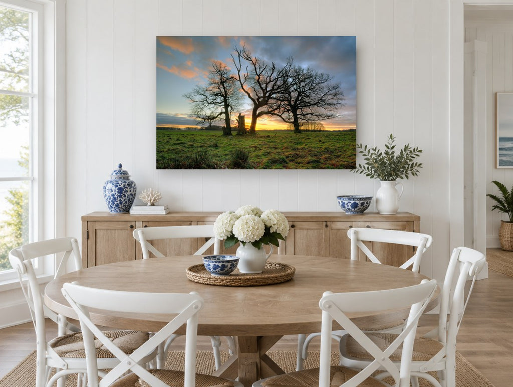 Three Oaks at Dusk landscape canvas print on the wall of a Hamptons dining room