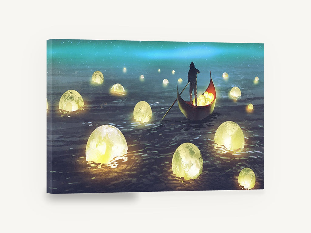 Lantern Moon Boatman, glowing moons night sea illustration, coastal canvas wall art print ready to hang