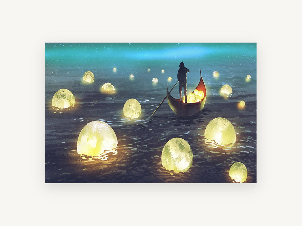 Lantern Moon Boatman, coastal canvas wall art print, front view