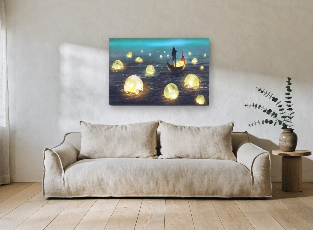 Lantern Moon Boatman coastal canvas print on the wall of a living room