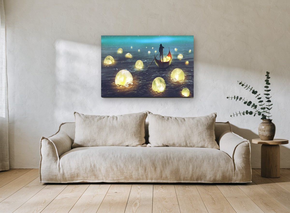 Lantern Moon Boatman coastal canvas print on the wall of a living room