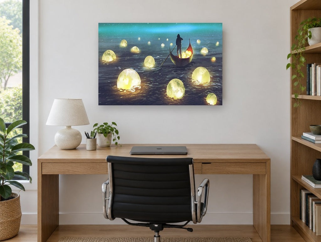 Lantern Moon Boatman coastal canvas print on the wall of a study
