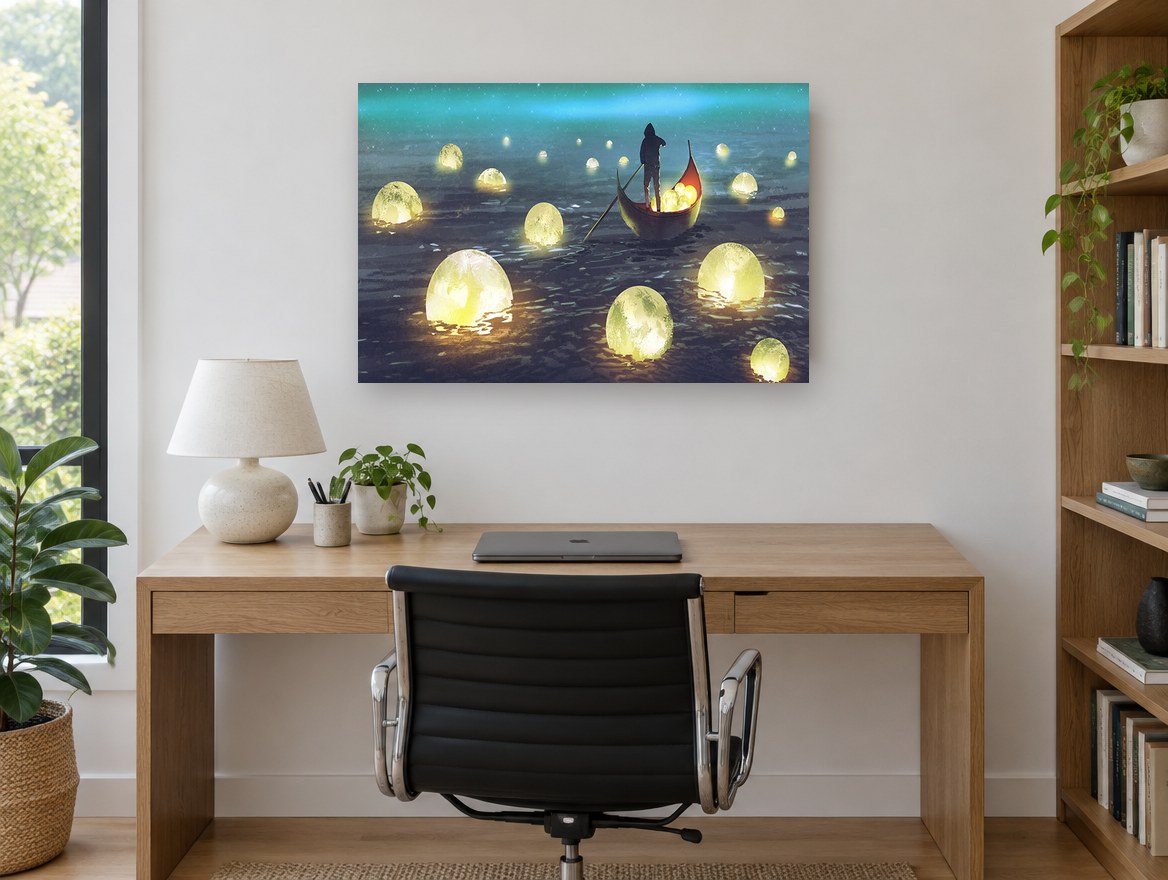 Lantern Moon Boatman coastal canvas print on the wall of a study