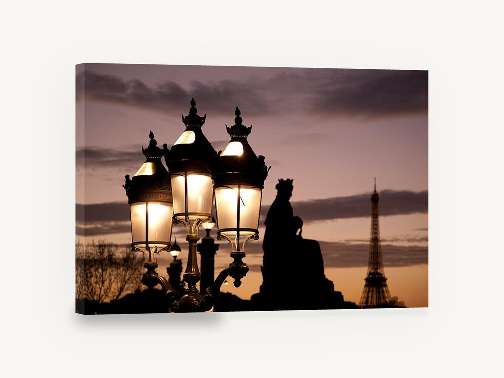 Dusk Lamps Paris, paris street lamps and eiffel tower photograph, city canvas wall art print ready to hang