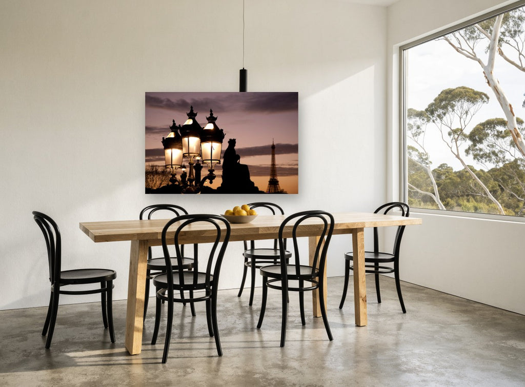 Dusk Lamps Paris city canvas print on the wall of a dining room