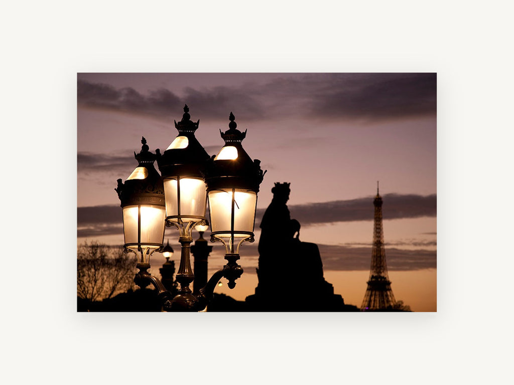 Dusk Lamps Paris, paris street lamps and eiffel tower photograph, city canvas wall art print, front view