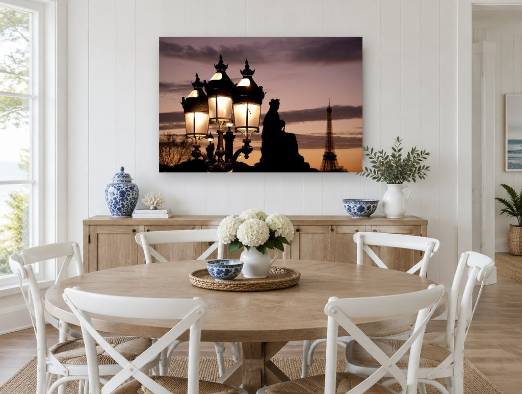 Dusk Lamps Paris city canvas print on the wall of a Hamptons dining room