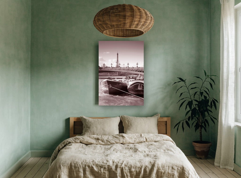 Barges Beneath Paris coastal canvas print on the wall of a bedroom