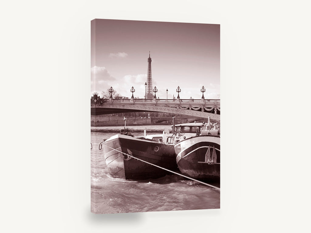 Barges Beneath Paris, paris barges eiffel tower sepia photograph, coastal canvas wall art print ready to hang