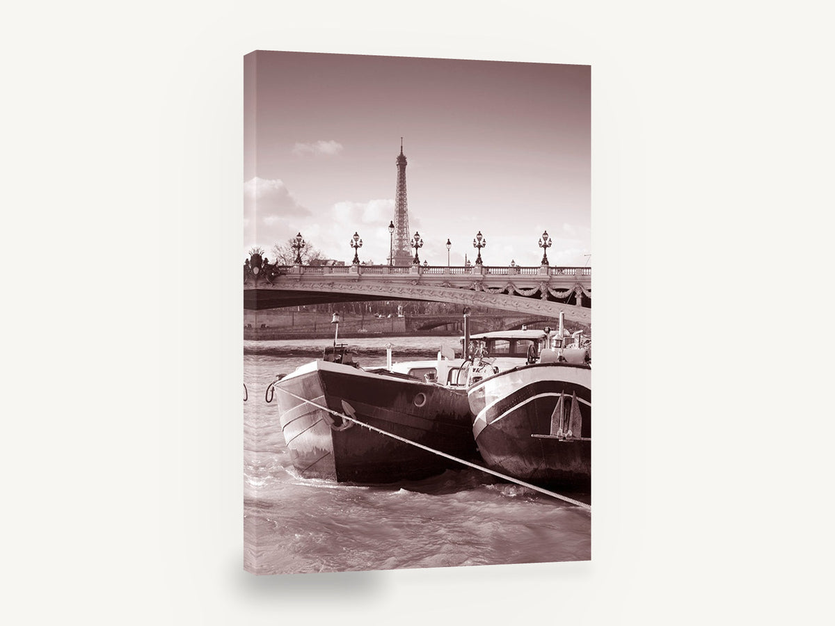 Barges Beneath Paris, paris barges eiffel tower sepia photograph, coastal canvas wall art print ready to hang