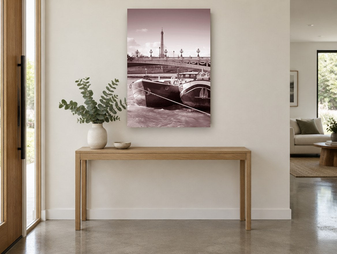 Barges Beneath Paris coastal canvas print on the wall of a entry hall