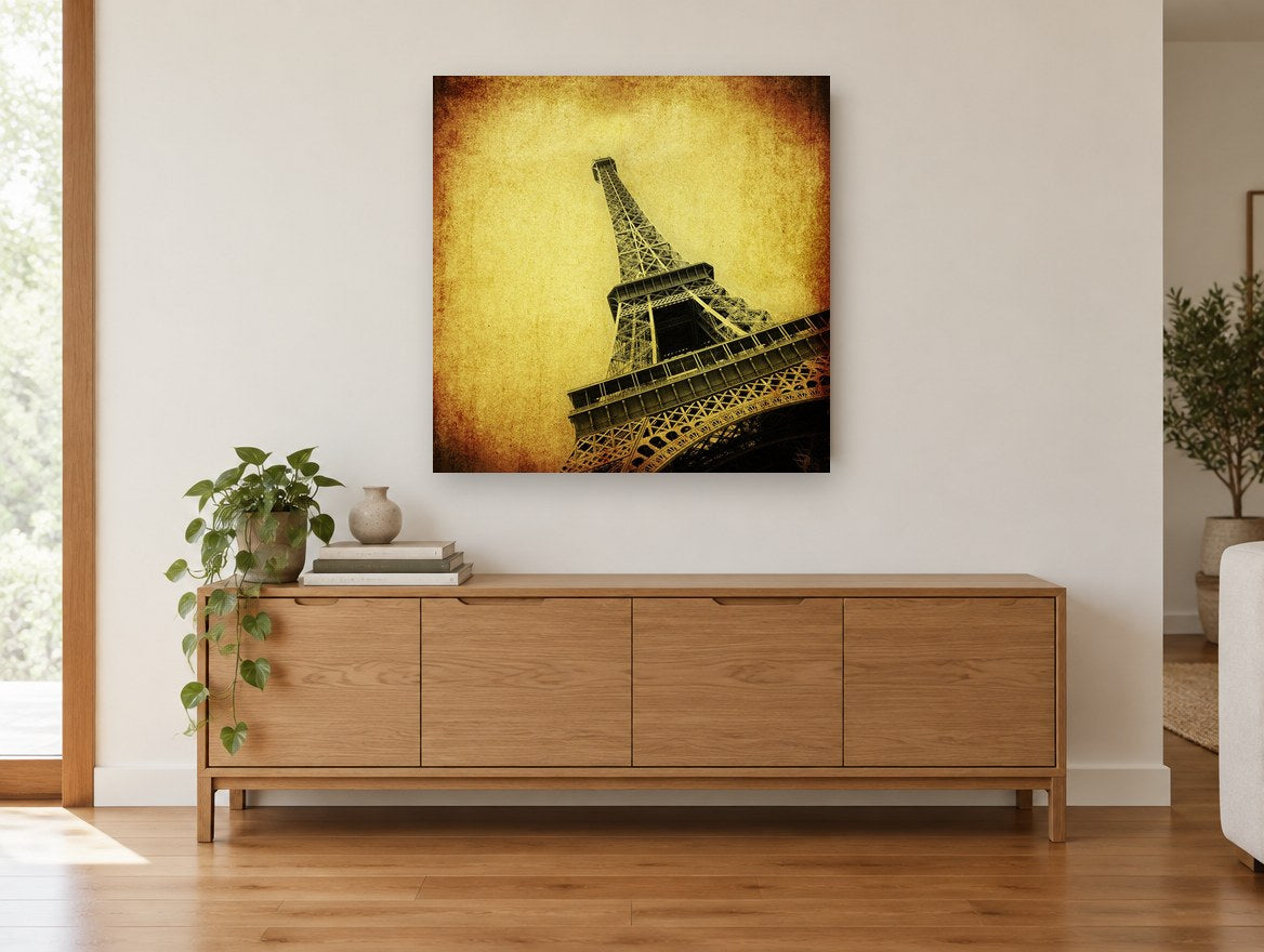 Aged Iron Ascent city canvas print on the wall of a living room above a sideboard