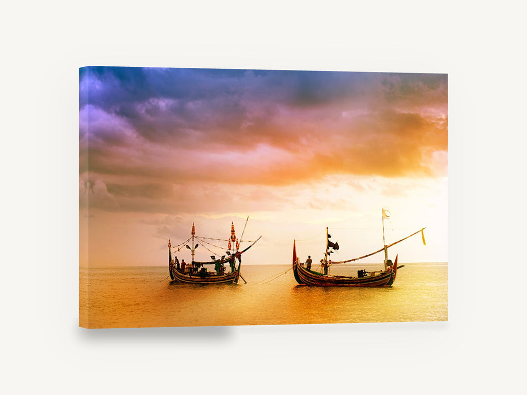 Bali Boats at Dusk, bali fishing boats sunset photograph, coastal canvas wall art print ready to hang