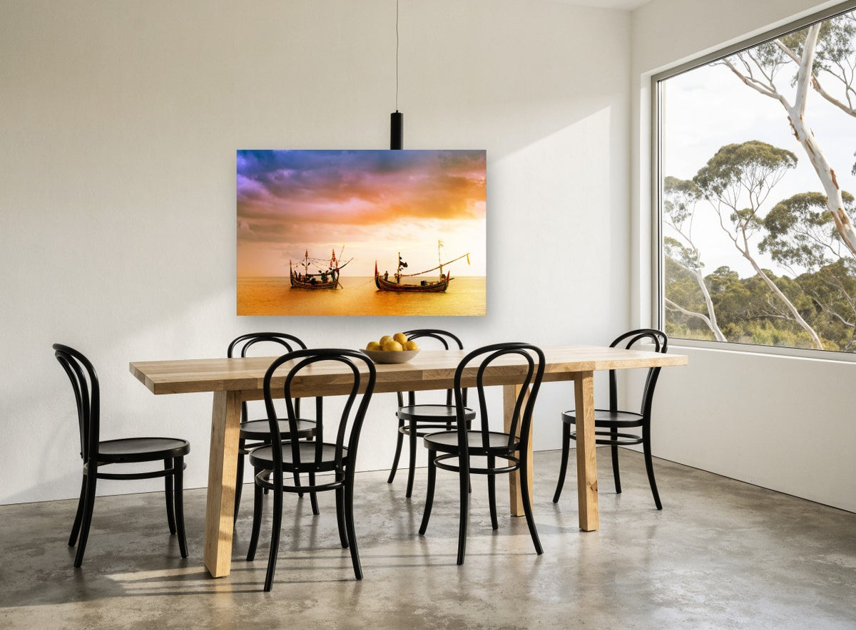 Bali Boats at Dusk coastal canvas print on the wall of a dining room