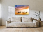 Bali Boats at Dusk coastal canvas print on the wall of a living room