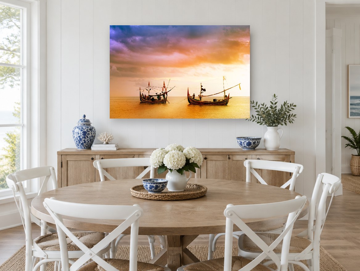 Bali Boats at Dusk coastal canvas print on the wall of a Hamptons dining room