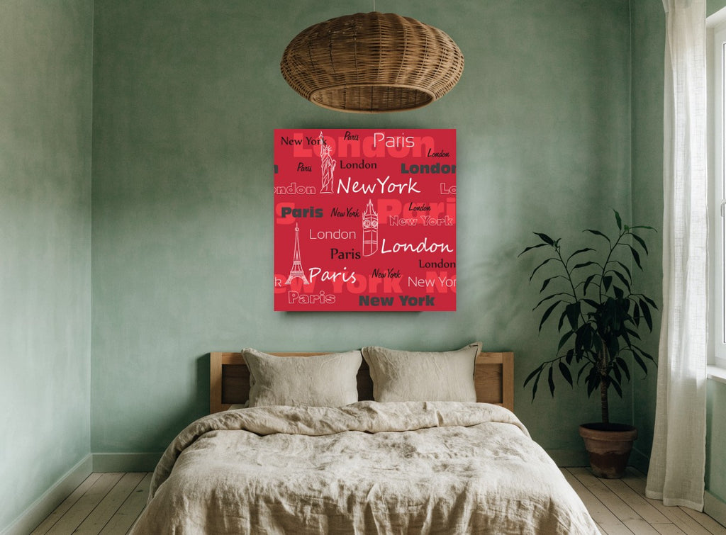 Three Cities in Red Type city canvas print on the wall of a bedroom