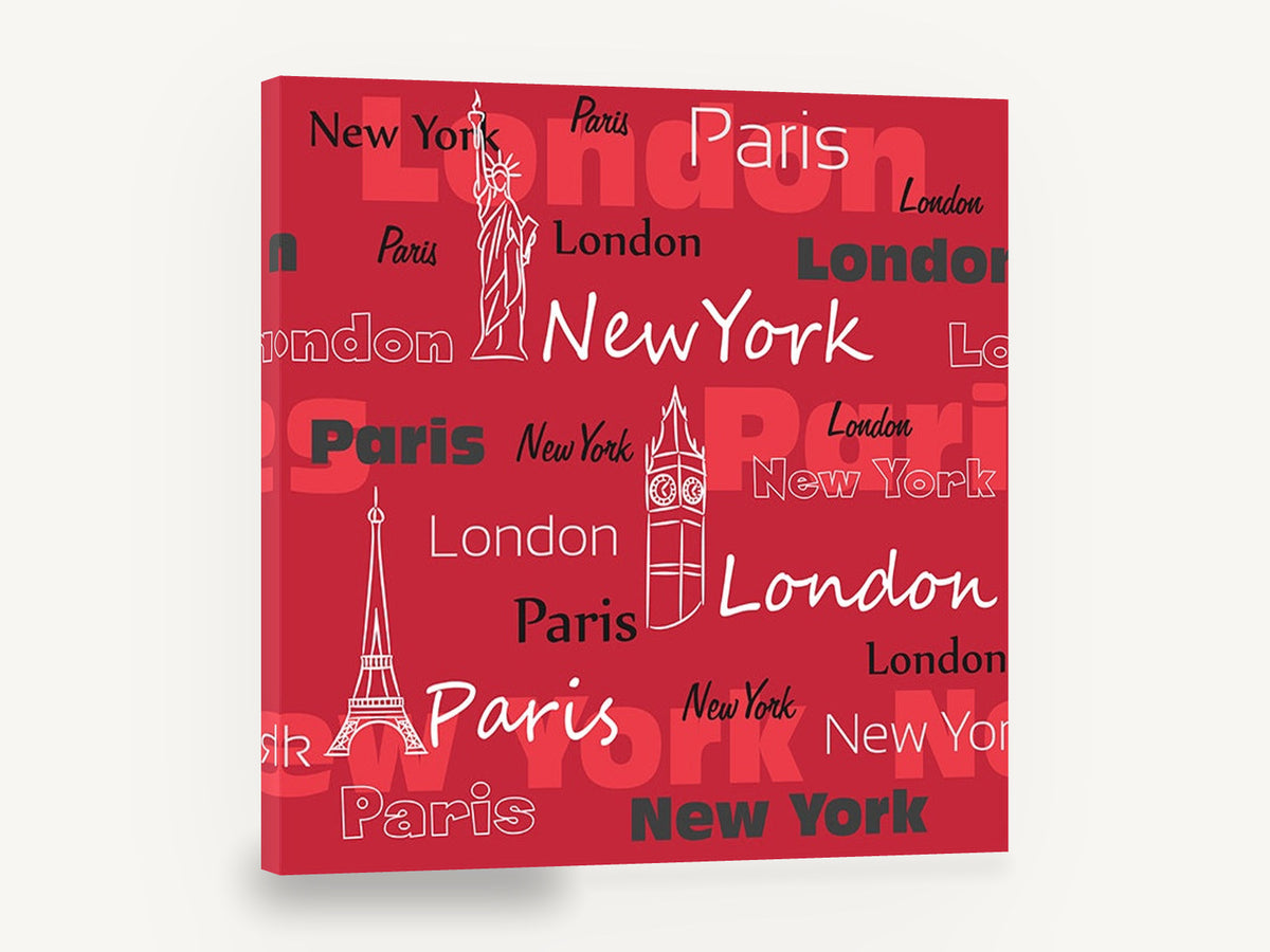 Three Cities in Red, paris london new york typography, city canvas wall art print ready to hang