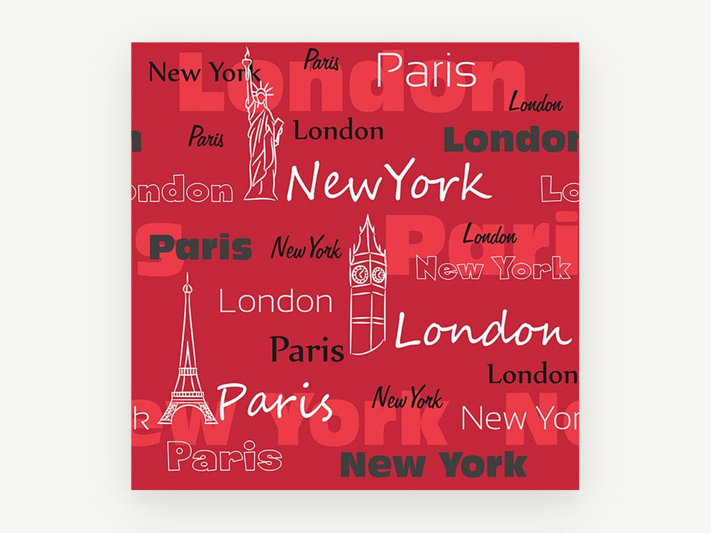 Three Cities in Red Type, new york london paris typography, city canvas wall art print, front view