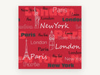 Three Cities in Red Type, new york london paris typography, city canvas wall art print, front view