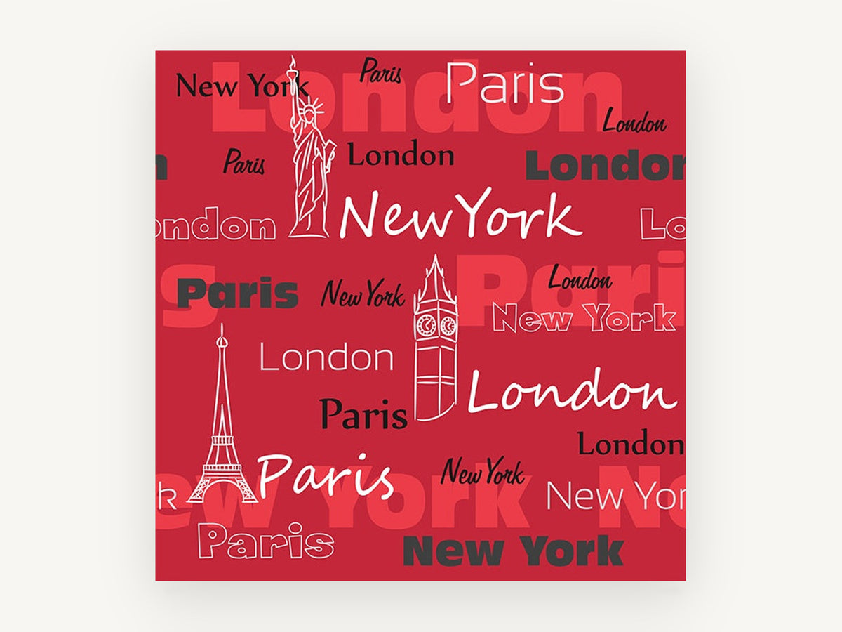 Three Cities in Red, paris london new york typography, city canvas wall art print, front view