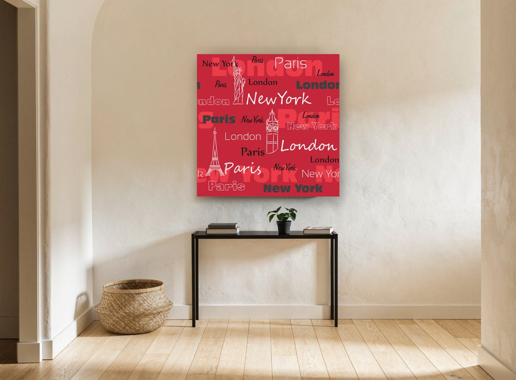 Three Cities in Red Type city canvas print on the wall of a hallway