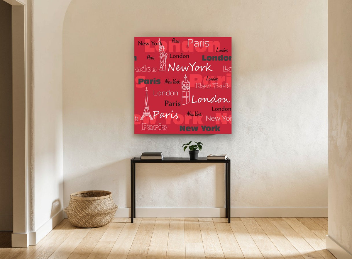 Three Cities in Red city canvas print on the wall of a hallway