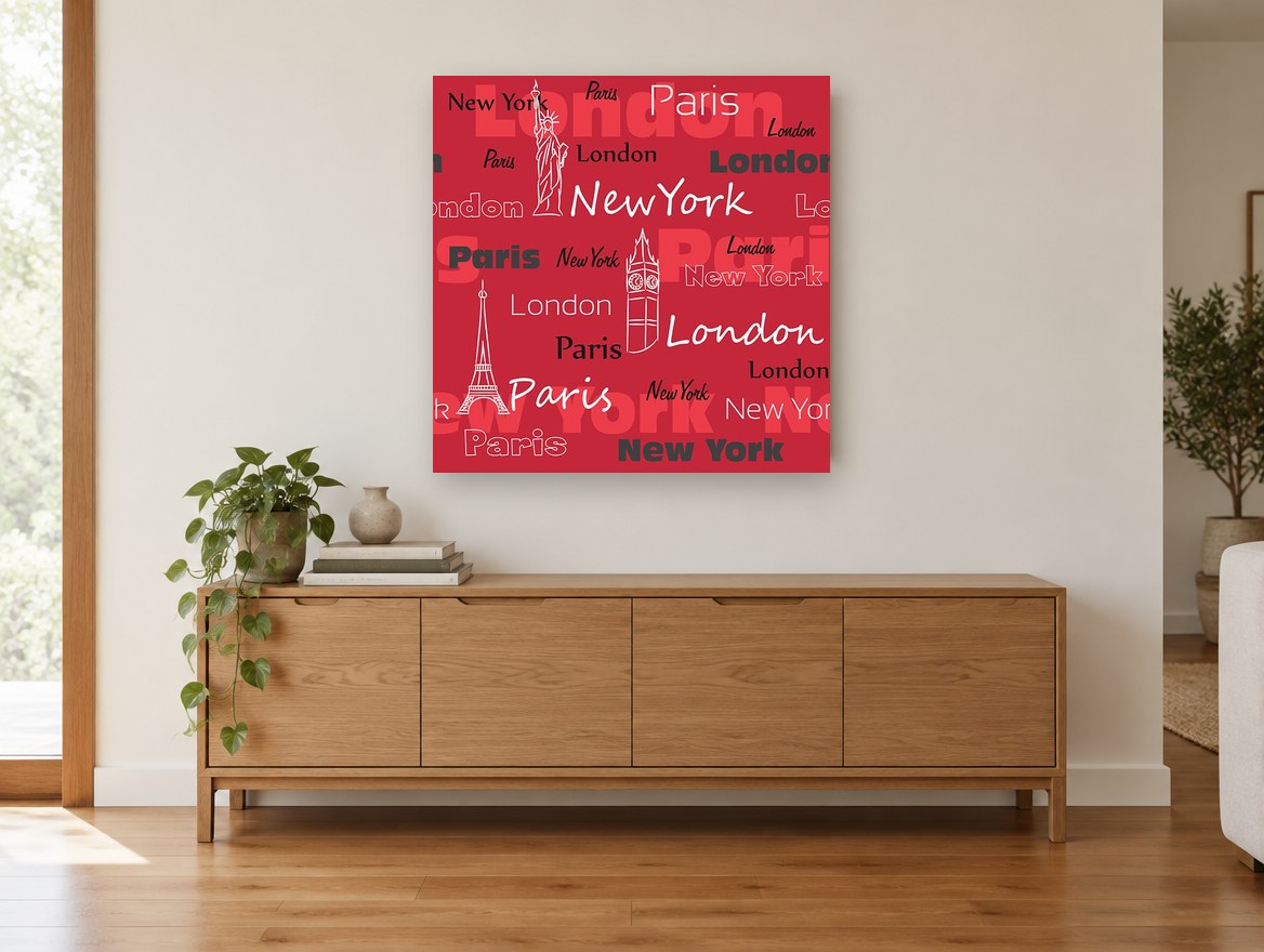 Three Cities in Red city canvas print on the wall of a living room above a sideboard