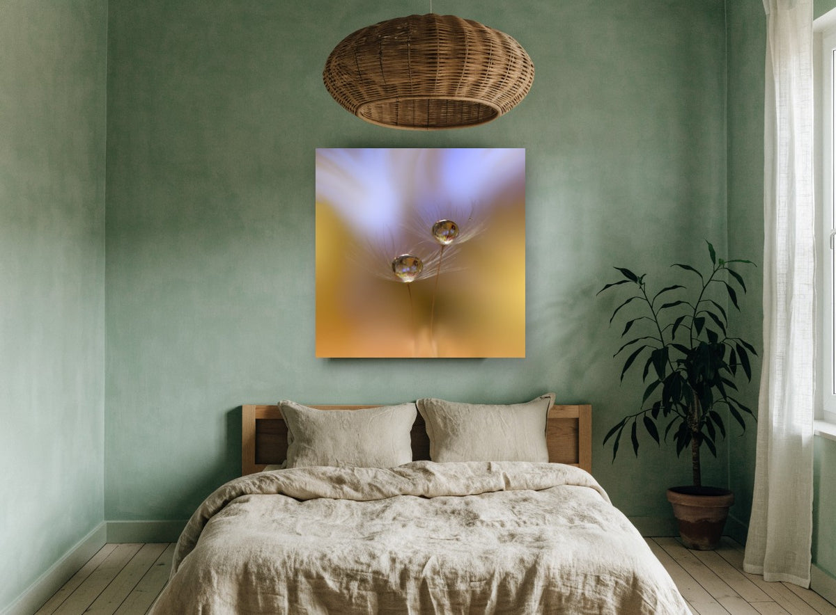 Dewdrop Seed Pair floral canvas print on the wall of a bedroom