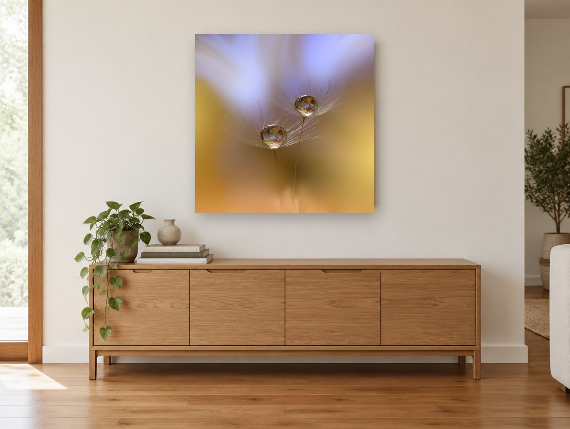 Dewdrop Seed Pair floral canvas print on the wall of a living room above a sideboard