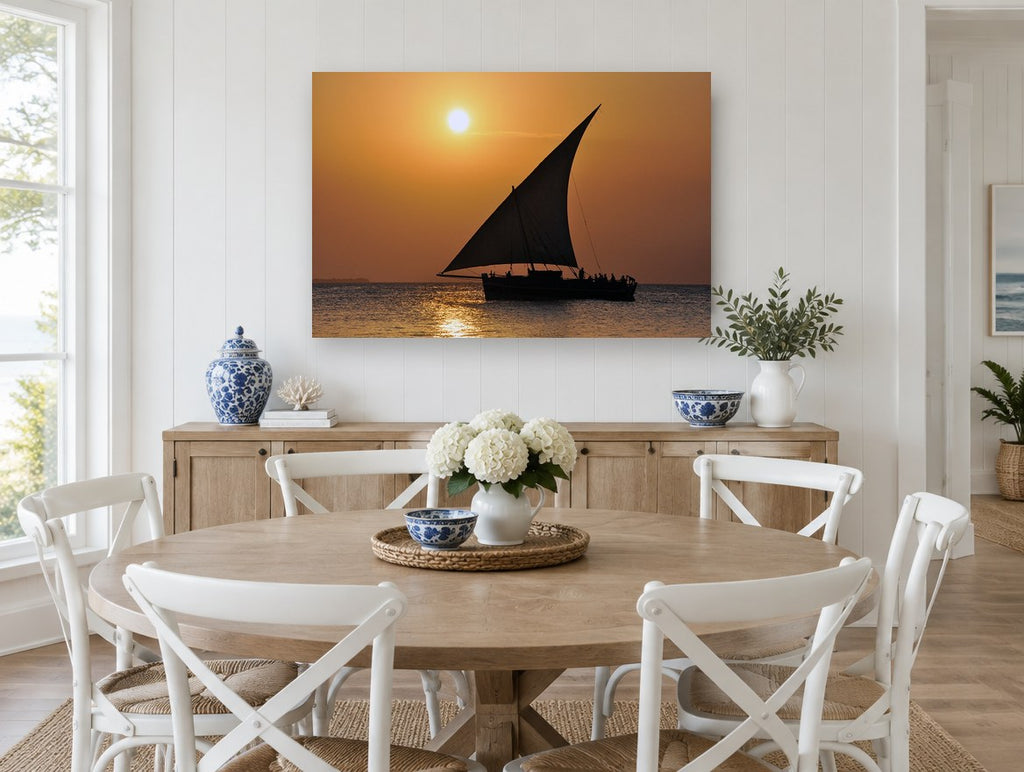 Dhow at Amber Dusk coastal canvas print on the wall of a Hamptons dining room