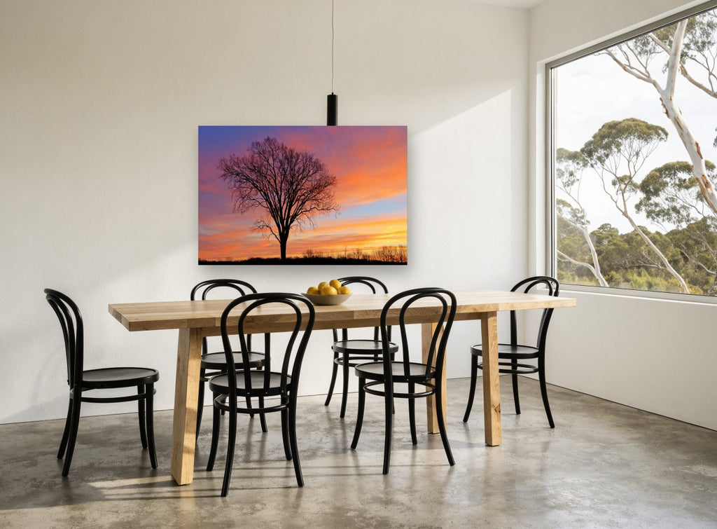 Bare Elm at Dusk landscape canvas print on the wall of a dining room