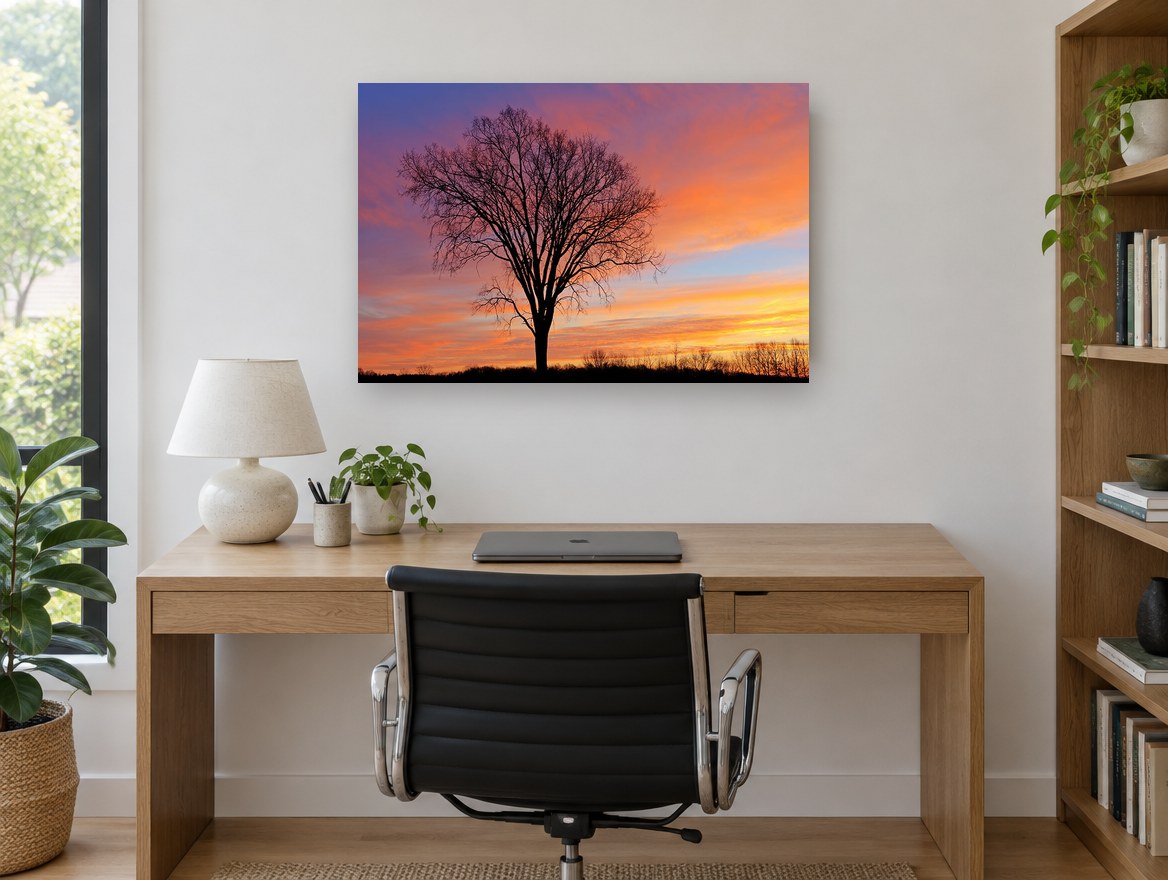 Bare Elm at Dusk landscape canvas print on the wall of a study