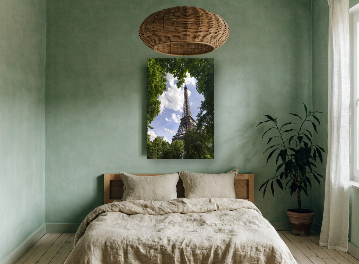 Eiffel Through the Leaves city canvas print on the wall of a bedroom
