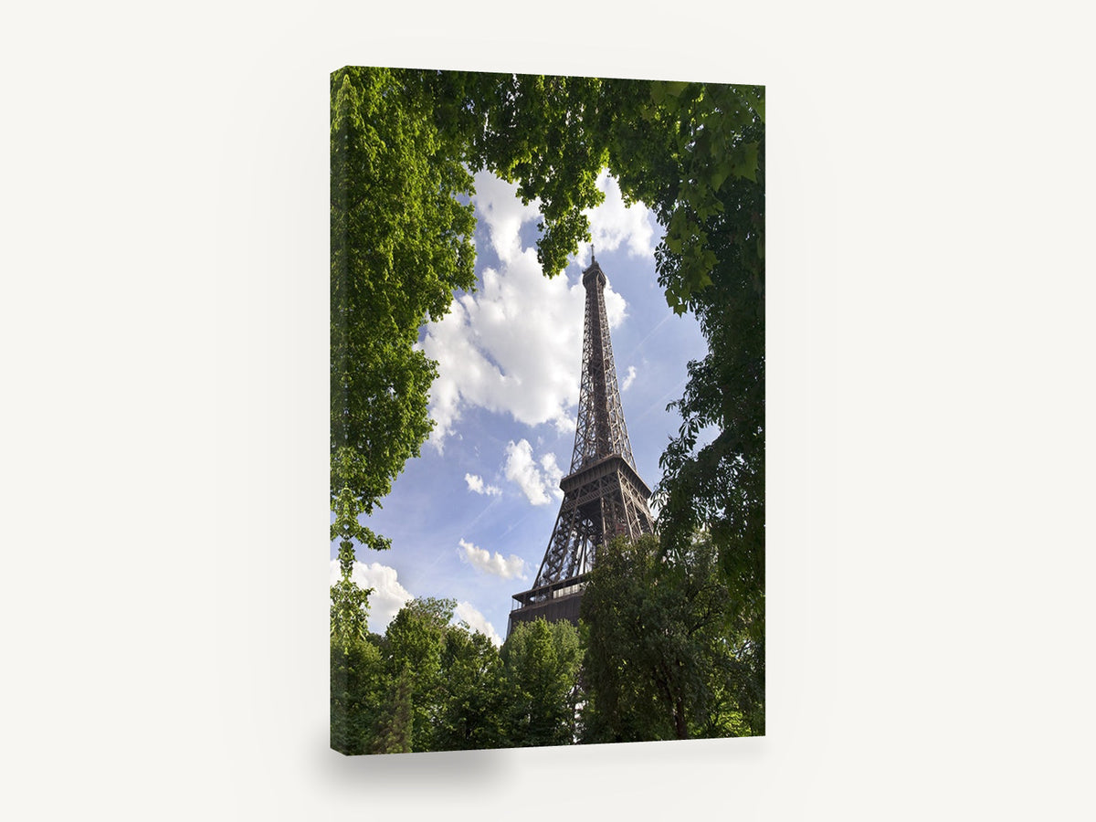Eiffel Through the Leaves, eiffel tower framed by trees photograph, city canvas wall art print ready to hang
