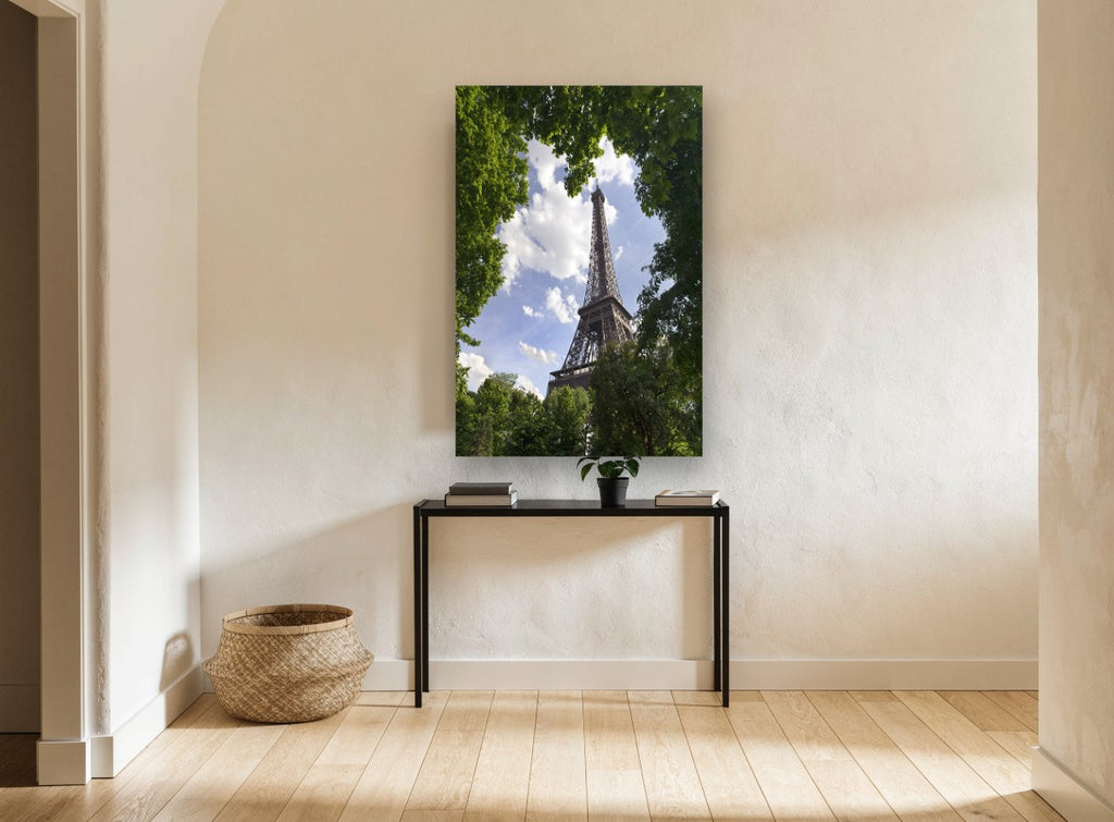 Eiffel Through the Leaves city canvas print on the wall of a hallway
